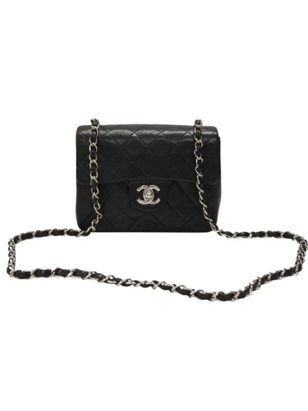 Chanel Mini Quilted 17 Shoulder Bag CC Logo Lambskin Black Silver